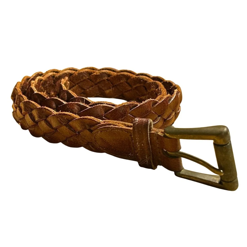 Architect Braided Genuine Brown Leather Belt Brass Buckle Size S (32 or smaller)